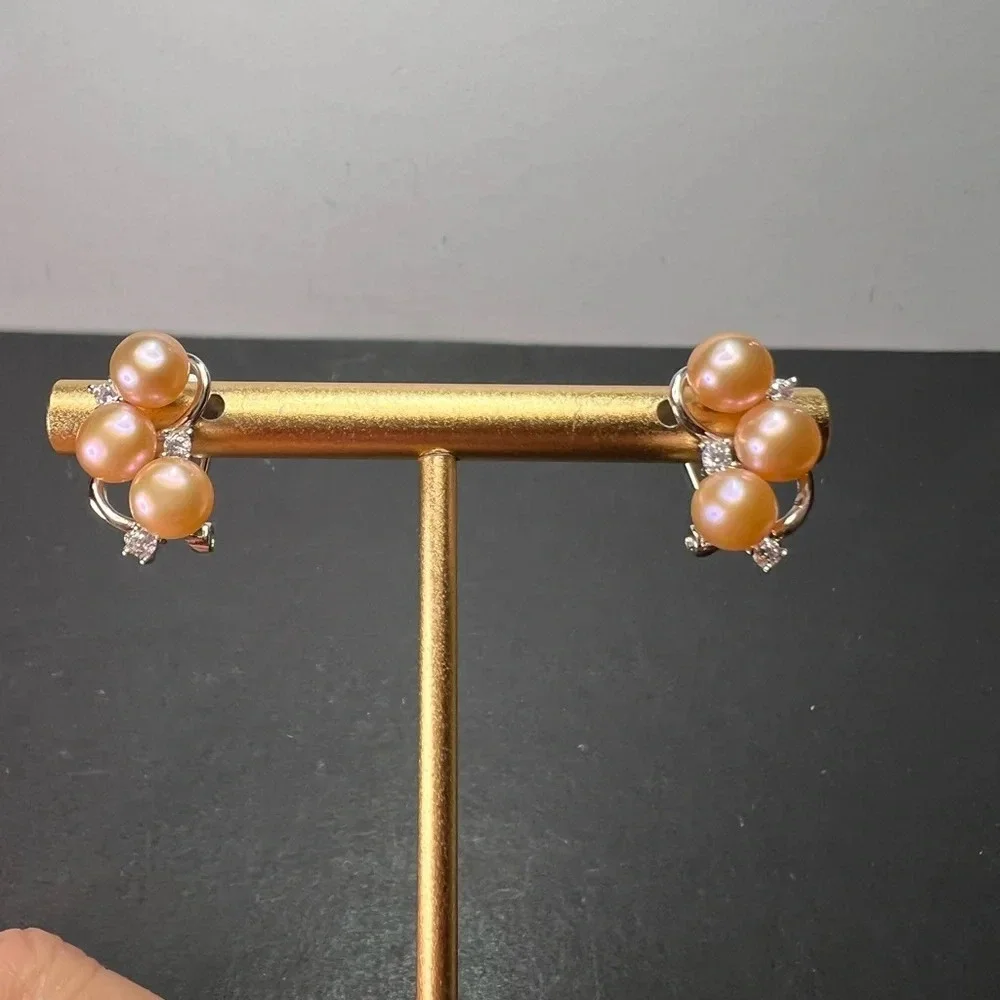 Pink Freshwater and CZ Rhodium Over Sterling Silver Earrings with omega backs